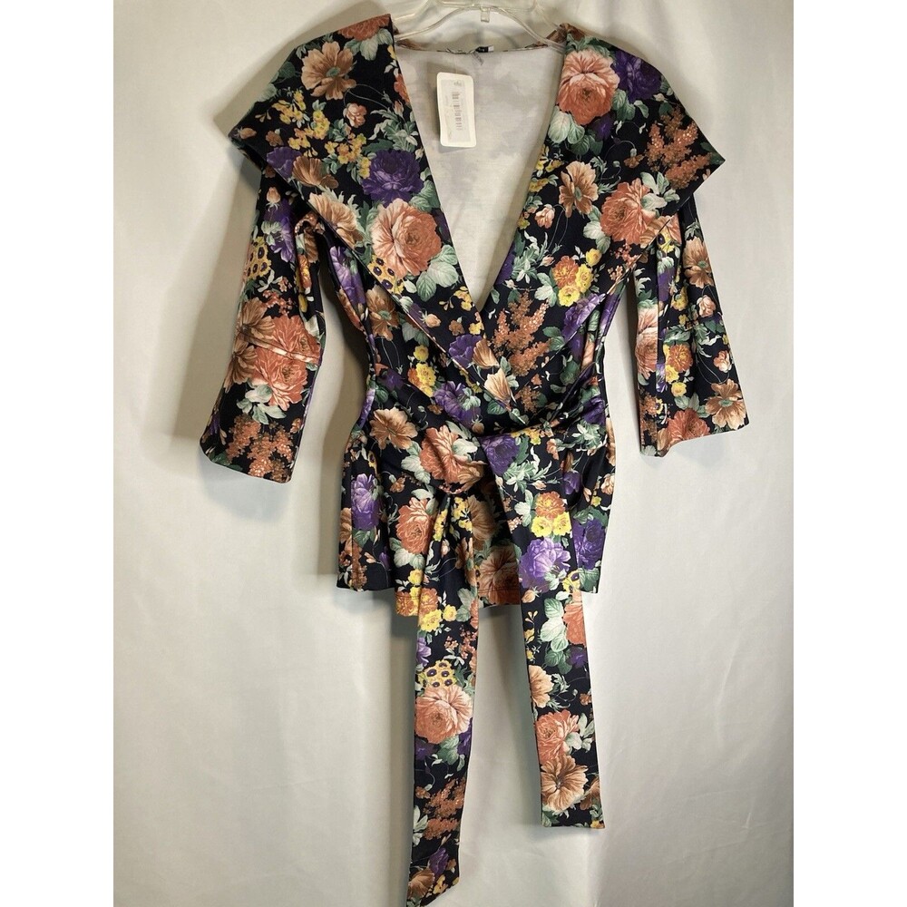 Floral Blazer S Hooded Open Front Belted Navy Twee Fairy Bloomcore Coquette NEW